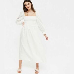 New Look - White shirred puff sleeve midi dress